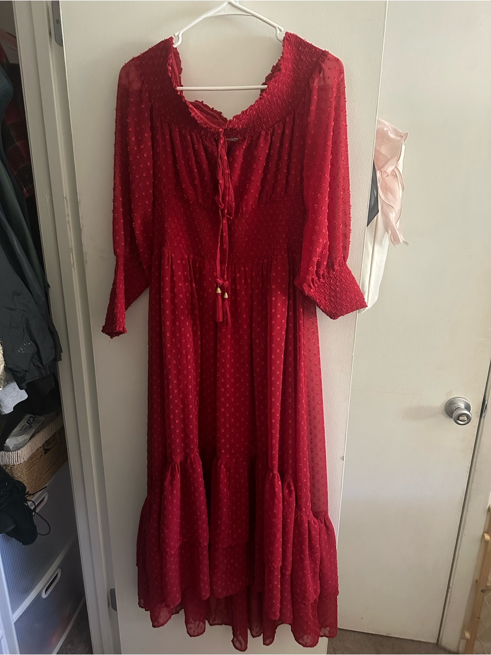 Chelsea & Violet Red Swiss Dot Smocked Boho Midi Dress Size Large